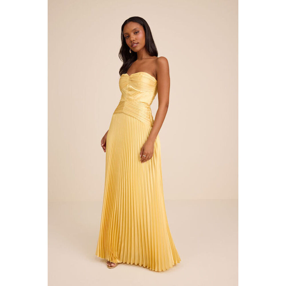 Lulus Elkay Yellow Pleated Satin Drop Waist Maxi Dress - Size L